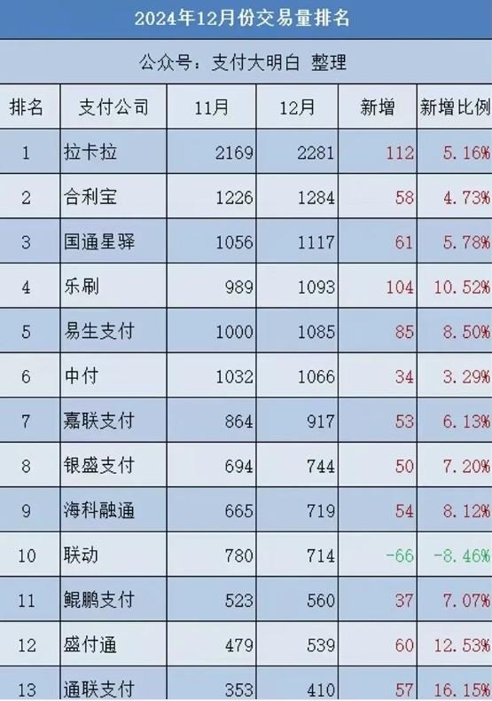 24年12月POS機公司交易量排名